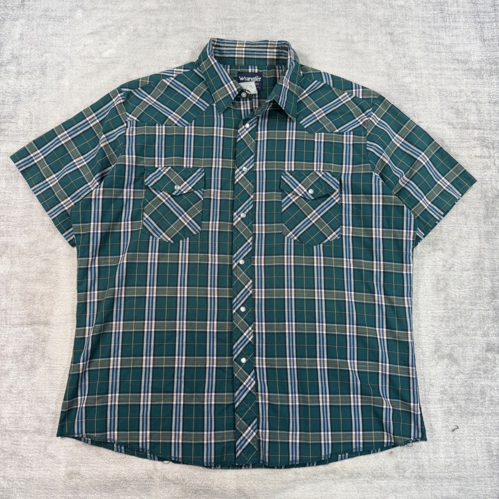 Wrangler Shirt Mens XL Green Western VTG Plaid Short Sleeve Pearl Snap Cowboy